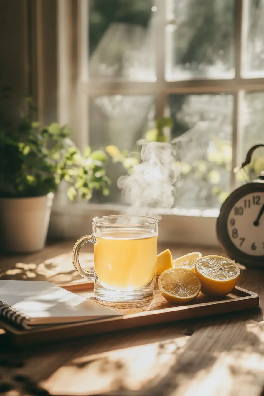 Best Homemade Mounjaro Recipes for Effective Weight Loss 11 Best homemade Mounjaro drink with lemon and ginger beside a morning routine journal and clock at 7 AM.