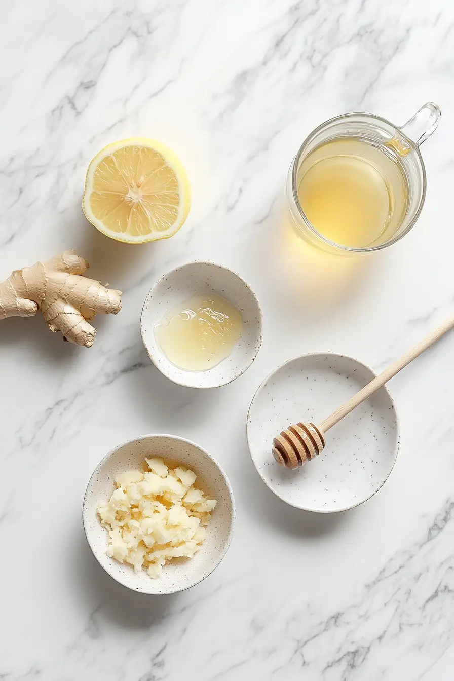 Mounjaro Recipe Ingredients: Everything You Need to Know 9 Close-up of Mounjaro ingredients: ginger, lemon, honey, apple cider vinegar, and warm water