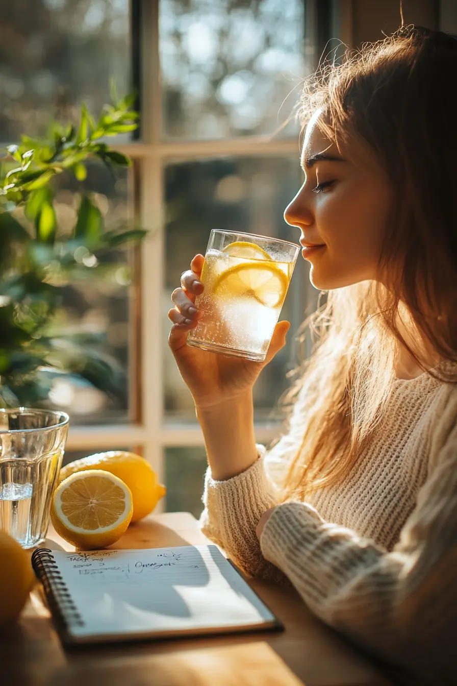 How to Make a Natural Mounjaro Recipe with Only 4 Ingredients 13 Woman drinking natural Mounjaro recipe during morning fasting routine