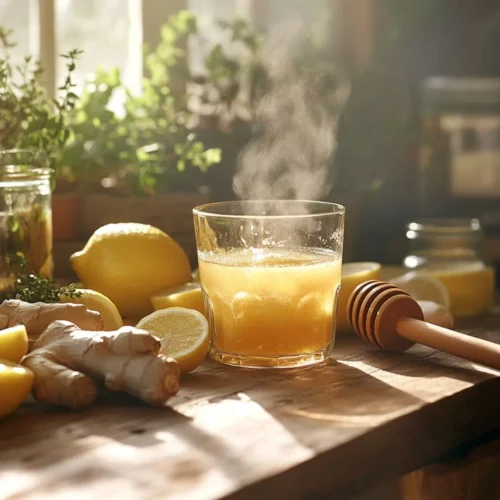 What Is the Natural Mounjaro Recipe? (Full Explanation) 11 Natural Mounjaro drink with lemon, ginger, and honey on wooden table