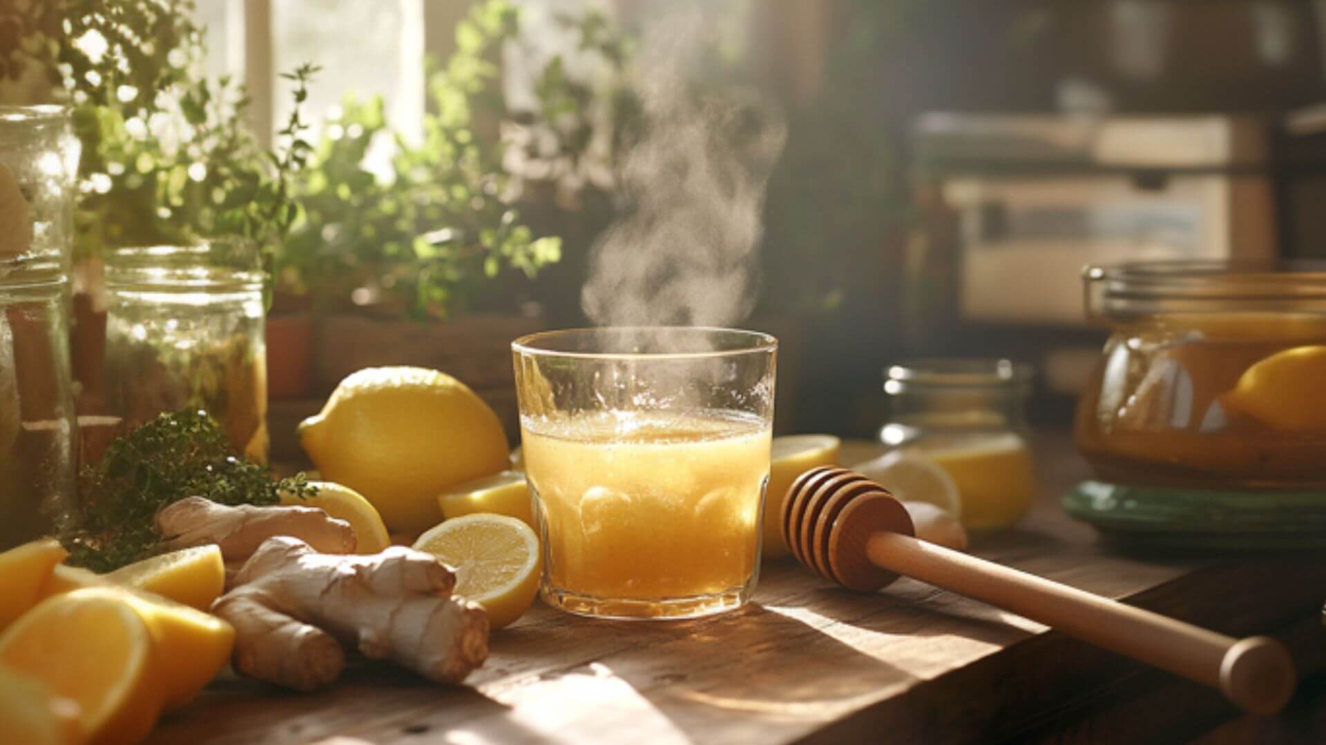 Natural Mounjaro drink with lemon, ginger, and honey on wooden table