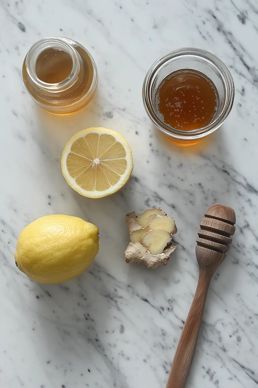 How to Make a Natural Mounjaro Recipe with Only 4 Ingredients 10 lat lay of natural ingredients for Mounjaro drink: ACV, lemon, ginger, honey