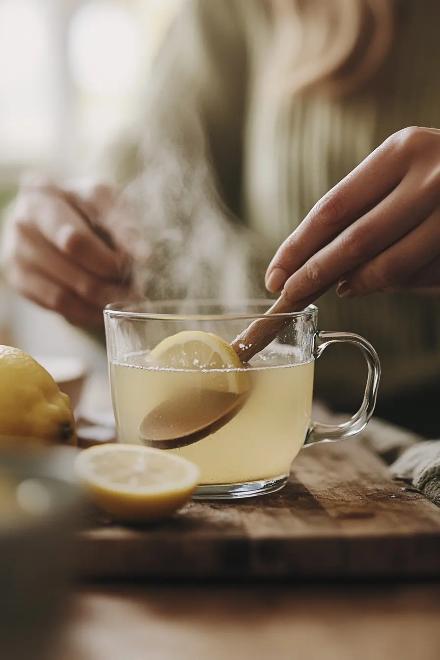 How to Make a Natural Mounjaro Recipe with Only 4 Ingredients 11 Woman stirring natural Mounjaro drink made with lemon, ginger, and apple cider vinegar