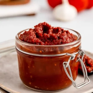 Wide view of Tex Mex Paste in a glass jar with tomatoes and garlic in background