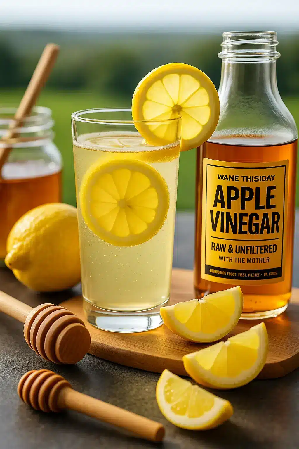 Refreshing natural Mounjaro drink with lemon slices, apple cider vinegar, raw honey, and fresh ginger for a 3-ingredient wellness boost