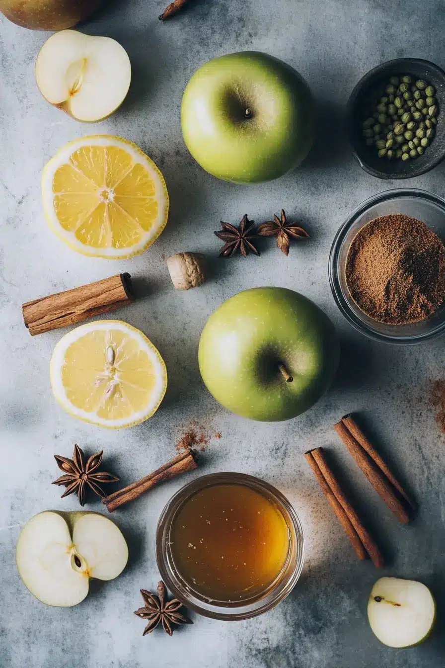 Ingredients for Brazilian Mounjaro Recipe including lemon, honey, cinnamon and apple cider vinegar