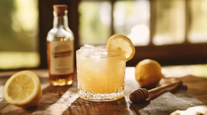 Glass of homemade Mounjaro detox drink with lemon, ginger, and apple cider vinegar for natural weight loss