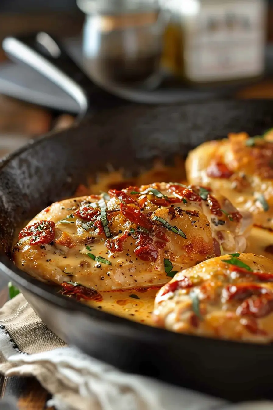 Seared chicken breasts in a creamy sauce with sun-dried tomatoes and herbs in a cast iron skillet