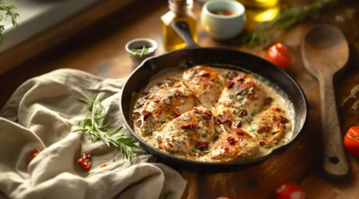 Golden seared marry me chicken simmered in a creamy parmesan sauce with sun-dried tomatoes and basil in a cast iron skillet