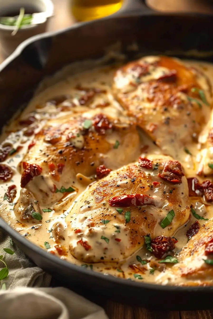 Golden seared marry me chicken simmered in a creamy parmesan sauce with sun-dried tomatoes and basil in a cast iron skillet