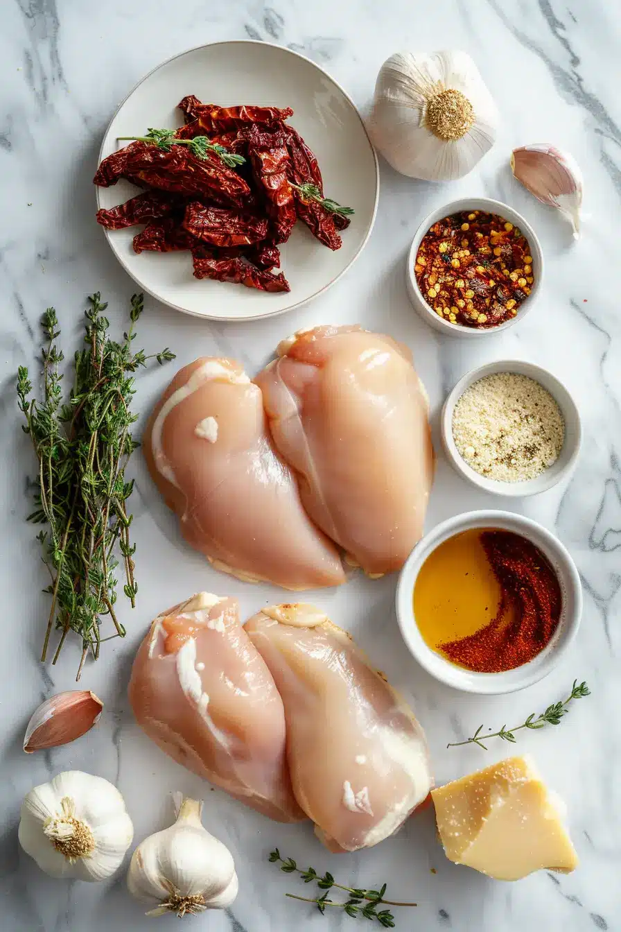 Flat lay of raw chicken breasts, sun-dried tomatoes, garlic, parmesan, olive oil, herbs, and spices on a white marble surface