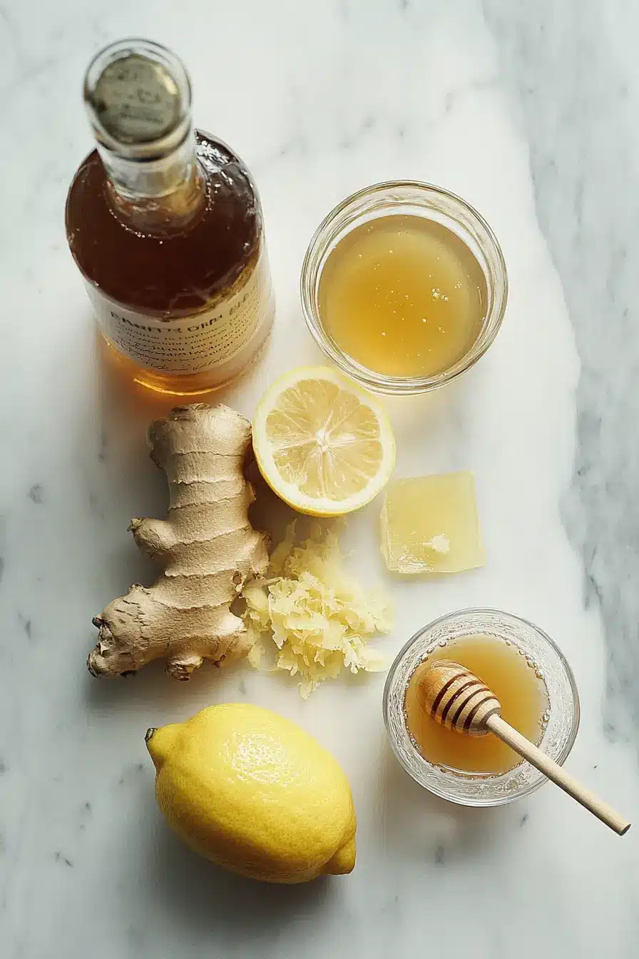 Natural ingredients for homemade Mounjaro weight loss drink: apple cider vinegar, lemon, ginger, honey, and warm water