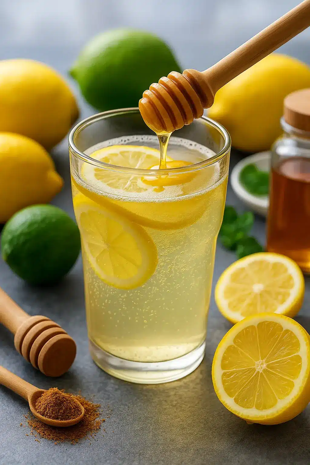 Glass of natural Mounjaro recipe drink with lemon slices, ginger, and honey on a kitchen counter