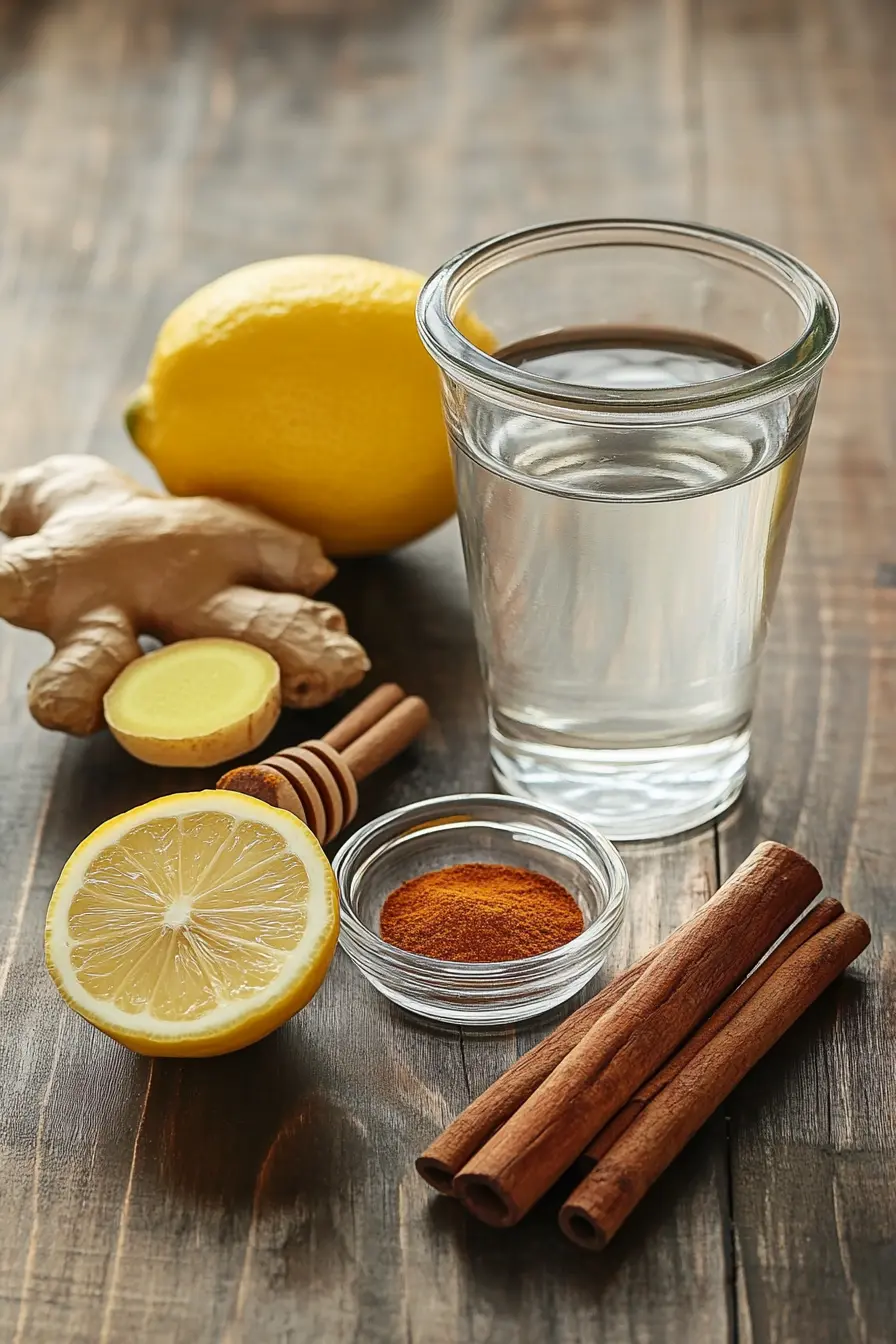 Natural ingredients for homemade Natural Mounjaro Recipe including cinnamon, lemon, ginger, apple cider vinegar, honey, and cayenne pepper.