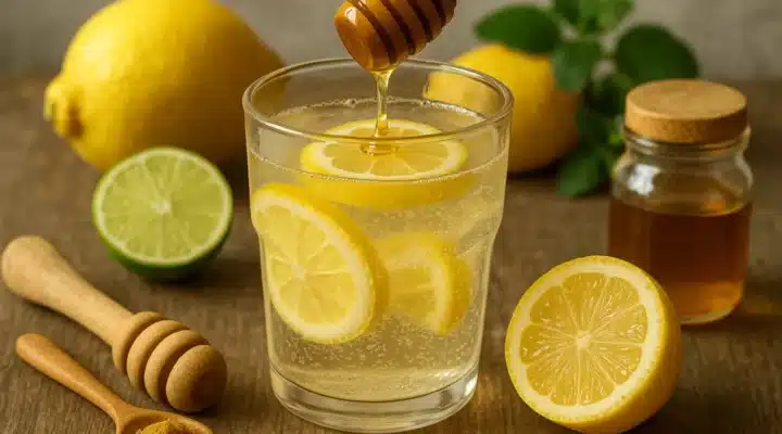 Glass of natural Mounjaro recipe drink with lemon slices, honey, and lime on a rustic wooden table.