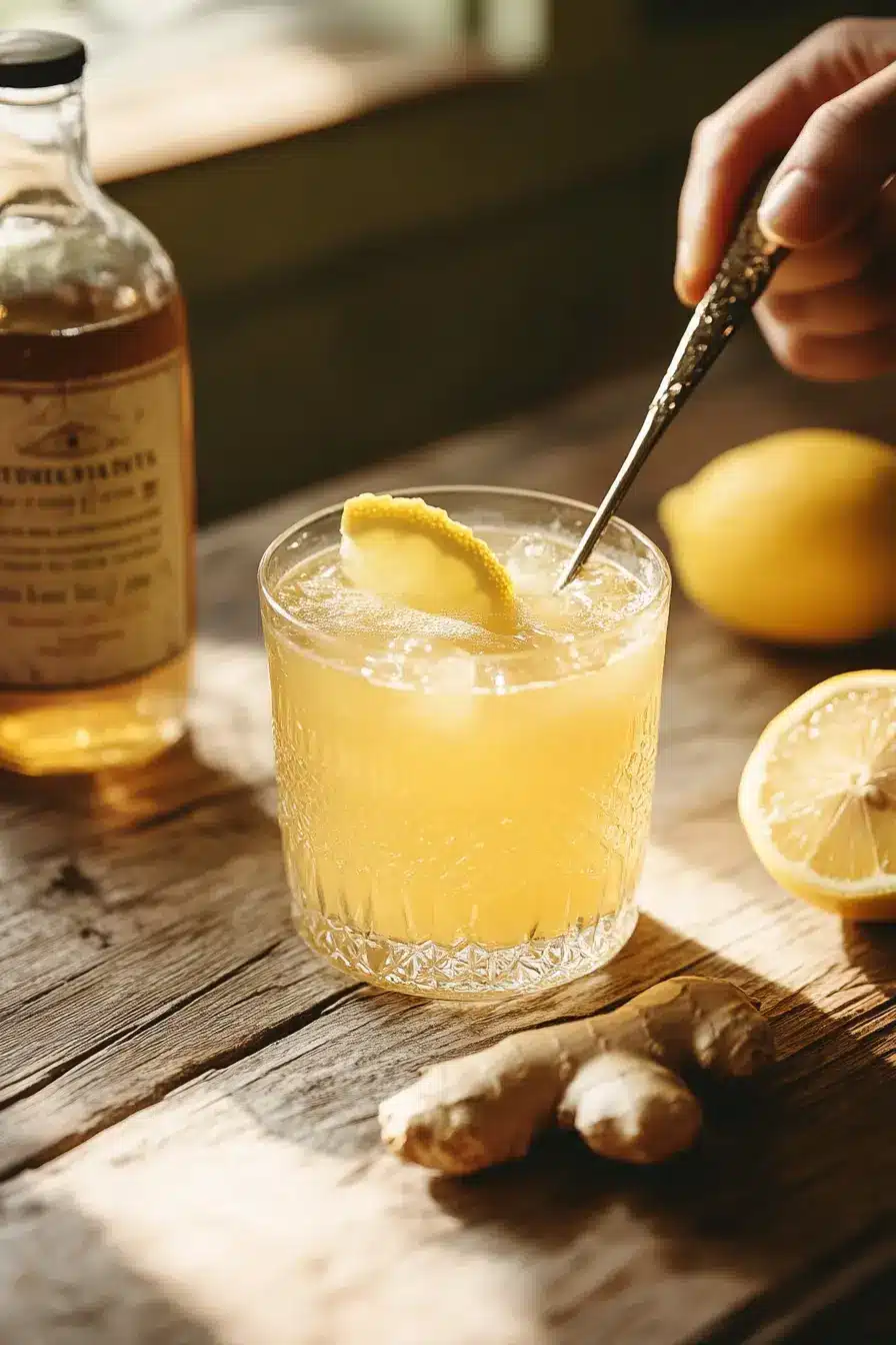 Stirring homemade Mounjaro detox drink with lemon, ginger, and apple cider vinegar for natural fat-burning support