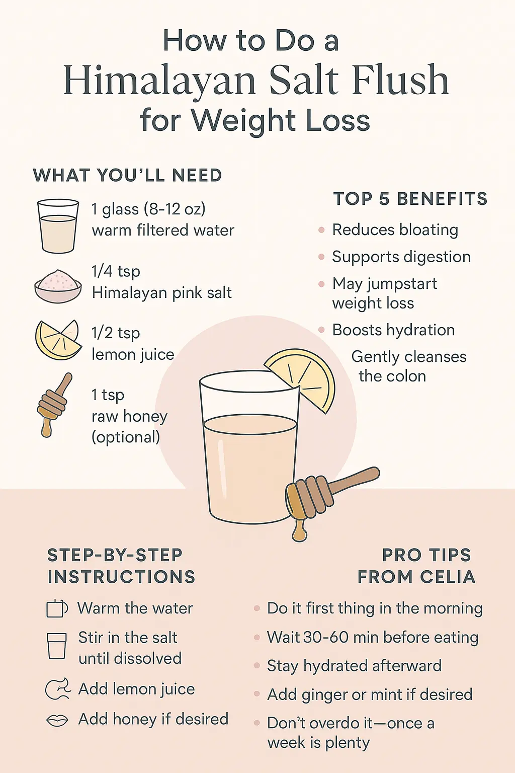Infographic showing how to make a Himalayan salt flush drink for weight loss with ingredients, steps, benefits, and Celia's pro tips