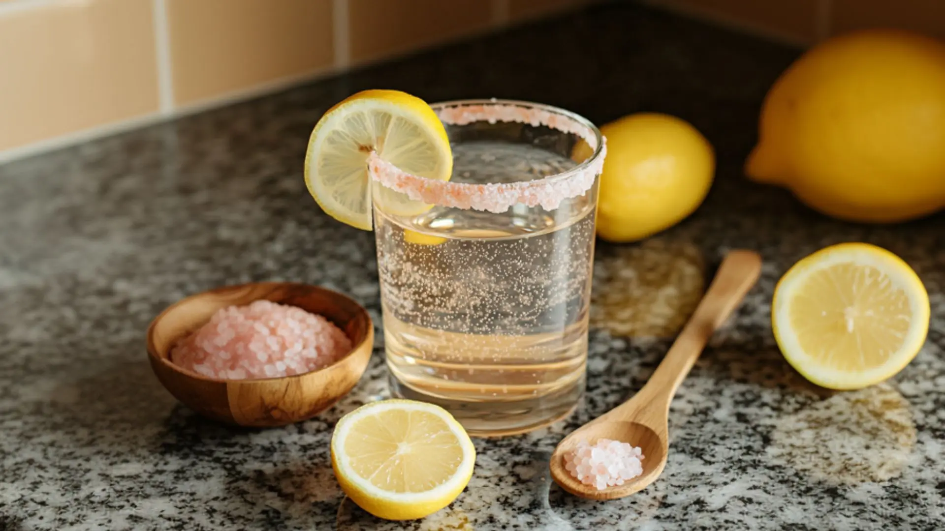 Himalayan salt flush drink on granite countertop