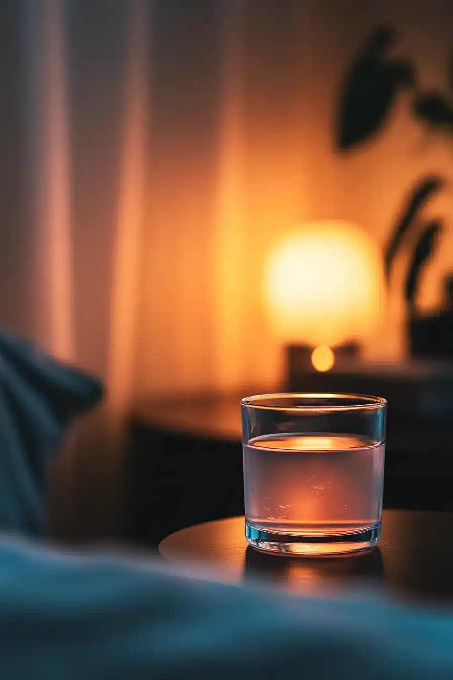 Glass of Blue Salt Trick drink on nightstand as part of men’s bedtime wellness ritual