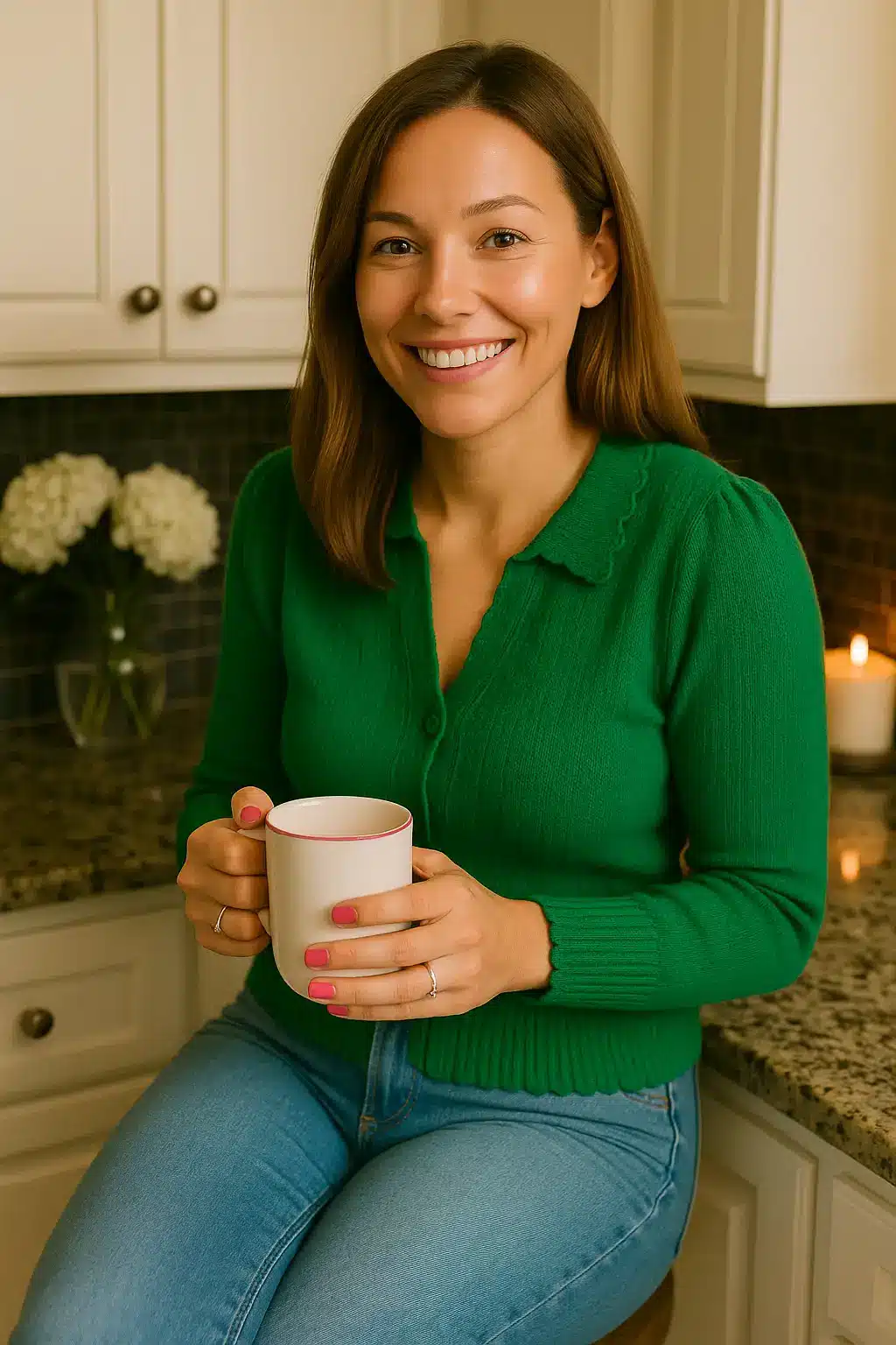 Woman smiling in cozy kitchen with a mug, representing a warm, healthy lifestyle