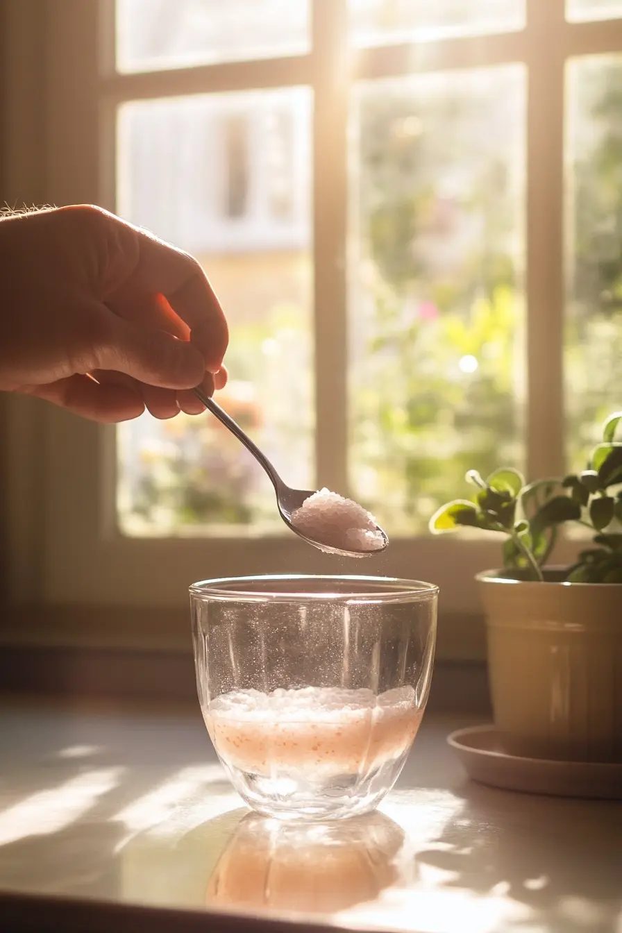 Stirring Himalayan salt into warm water for the Salt Trick for Men in Bed