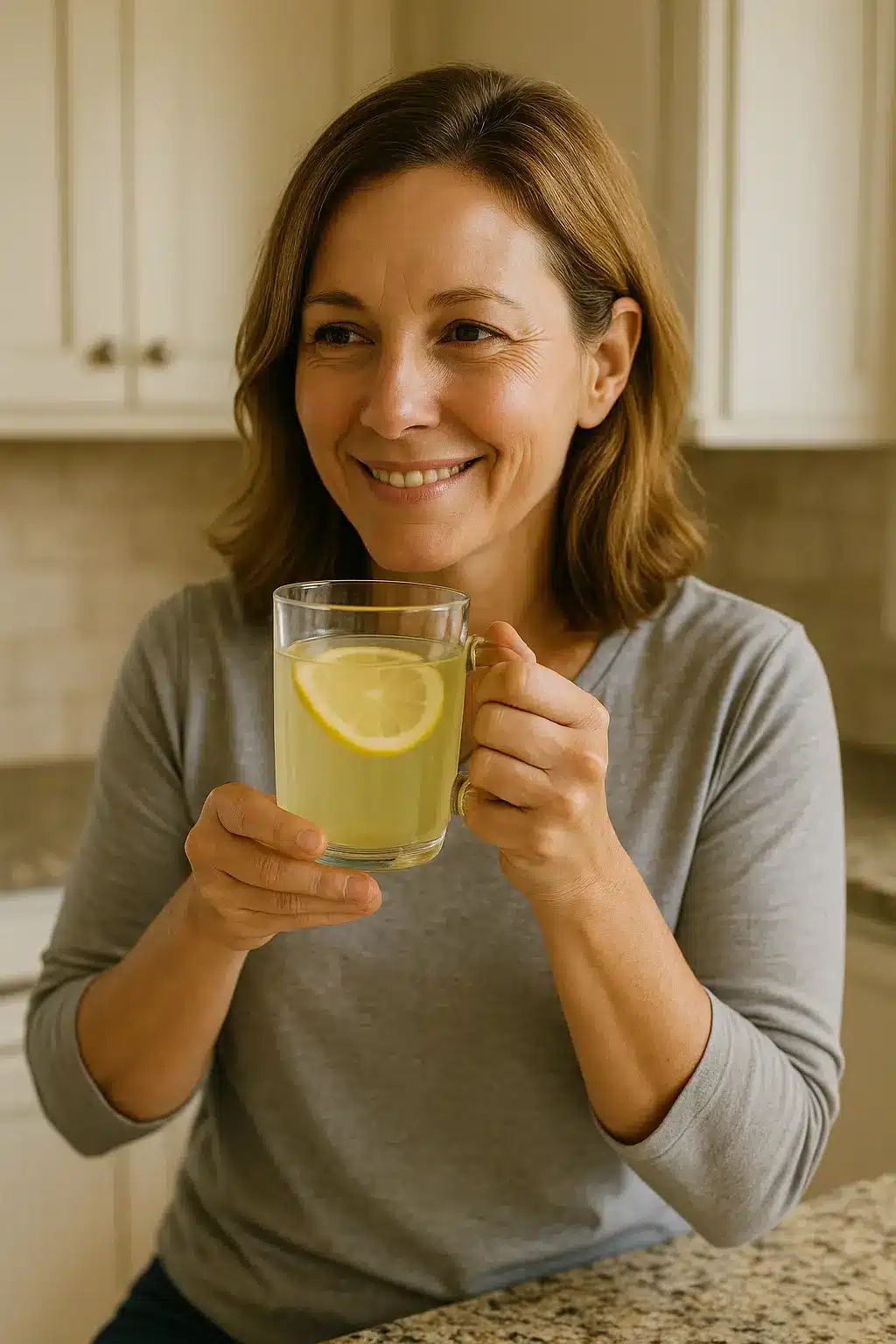 Natural Mounjaro Recipe With 4 Ingredients enjoyed by a smiling woman in her kitchen