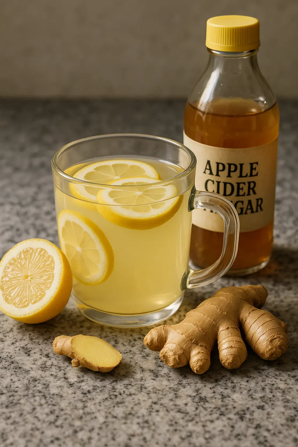 Natural Mounjaro Recipe With 4 Ingredients detox drink in a glass mug with lemon, ginger, and apple cider vinegar
