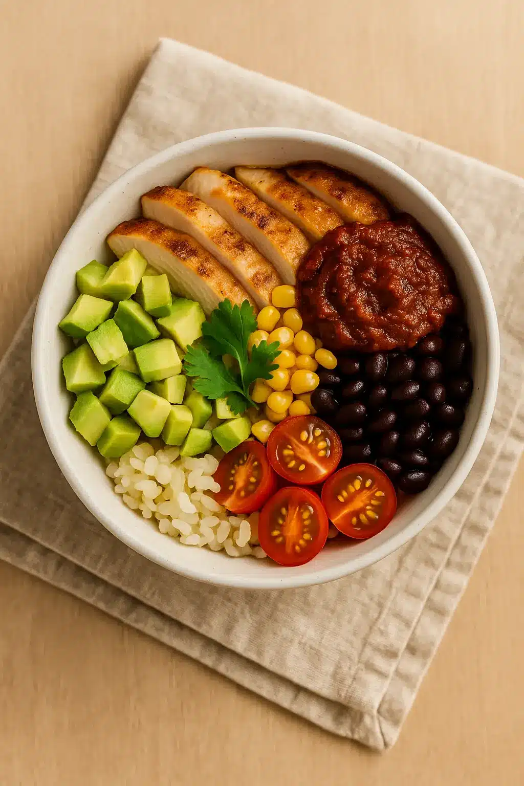 Top-down burrito bowl with grilled chicken, Tex Mex paste, avocado, and veggies