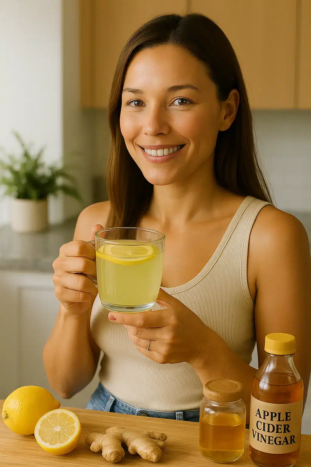 Celia holding a detox drink made with lemon, ginger, honey, and apple cider vinegar in a bright kitchen, smiling, healthy glow, natural morning light.
