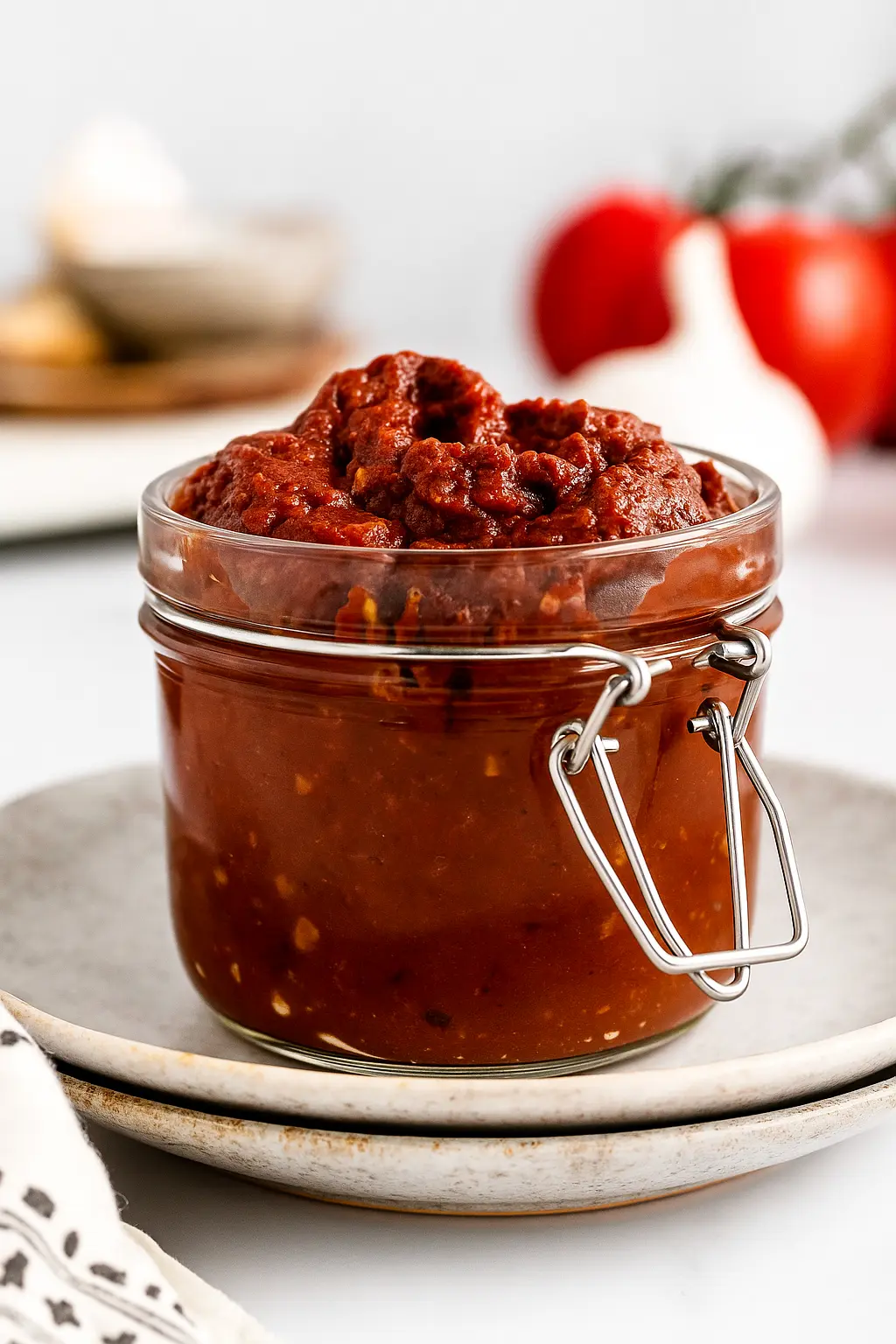Glass jar filled with thick homemade Tex Mex Paste on ceramic plate