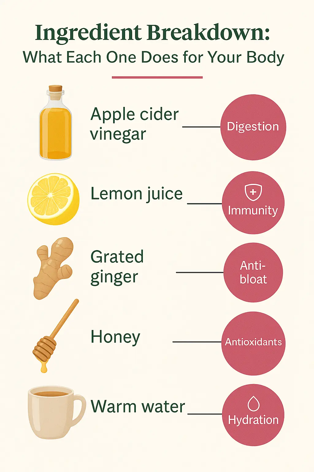 Infographic showing the 5 ingredients in the Natural Mounjaro Recipe with 4 Ingredients—apple cider vinegar, lemon juice, ginger, honey, and warm water—each labeled with its health benefit like digestion, immunity, and hydration.