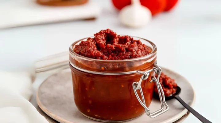 Wide view of Tex Mex Paste in a glass jar with tomatoes and garlic in background
