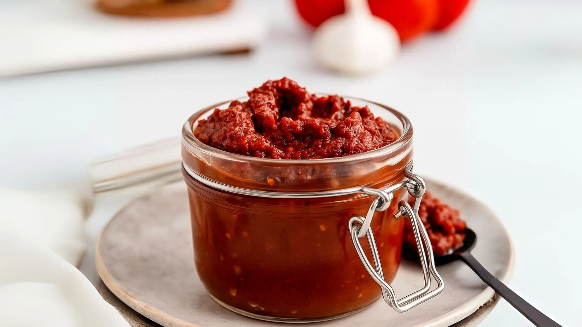 Wide view of Tex Mex Paste in a glass jar with tomatoes and garlic in background