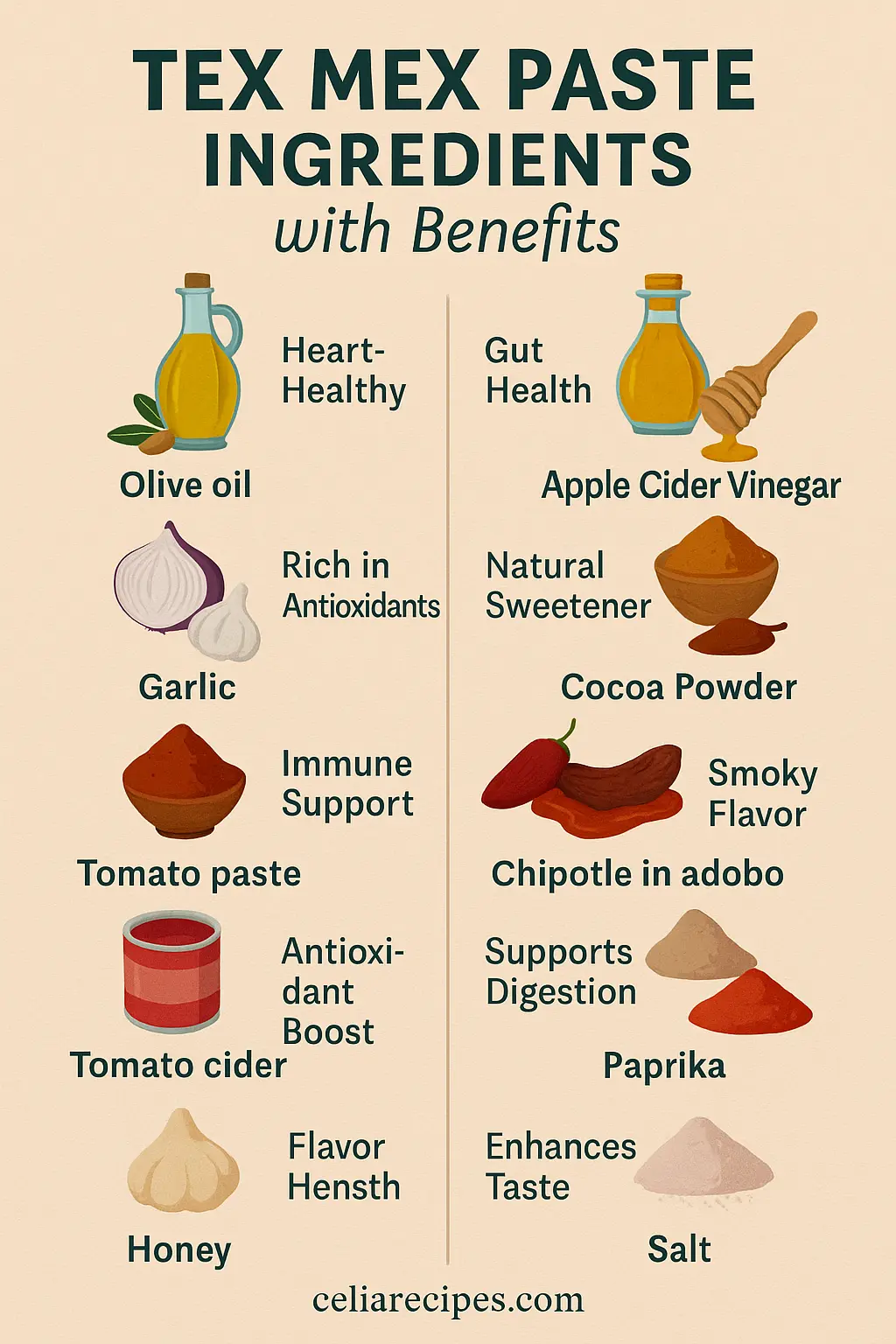 Infographic of Tex Mex Paste ingredients and their wellness benefits, including olive oil, garlic, tomato paste, chipotle, and paprika, from CeliaRecipes.com.