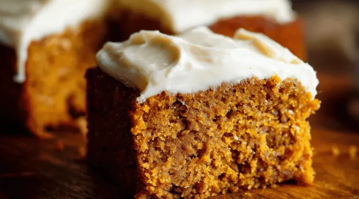 A close-up of a frosted slice from a delicious homemade pumpkin cake recipe on a dark wooden surface.