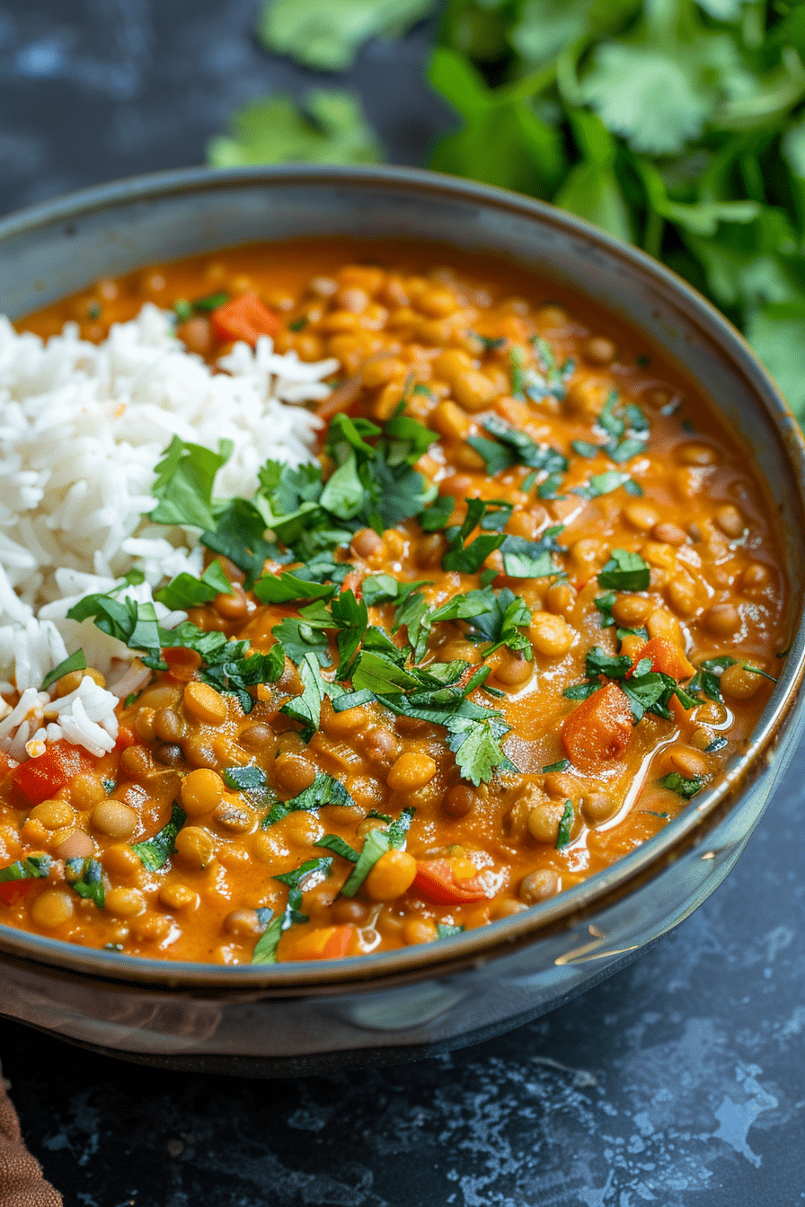 Ingredients for Instant Pot Lentil Curry including red lentils, coconut milk, diced tomatoes, and spices