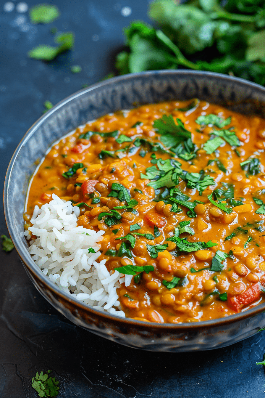 Finished Instant Pot Lentil Curry served in bowl with fresh cilantro and lime wedge
