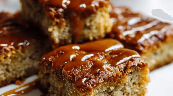 Close-up of decadent caramel butter bars with glistening sauce on a rustic plate.