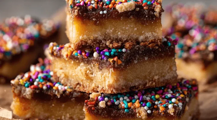 A stack of delicious, brightly colored caramel butter bars with sprinkles on rustic parchment paper.