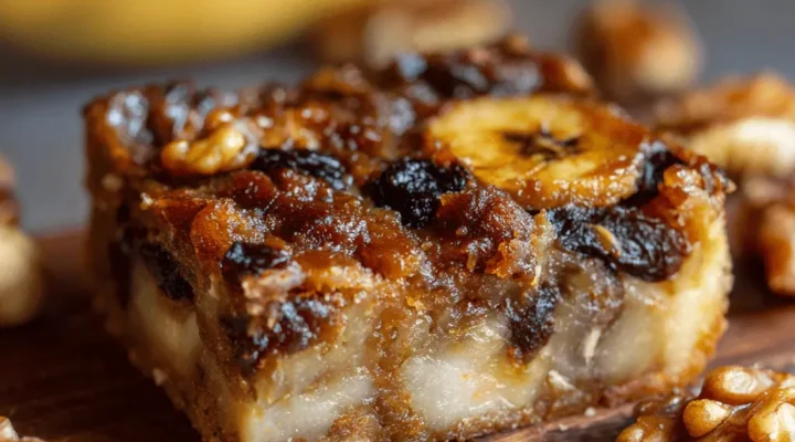 A decadent slice of caramel butter bars with a glossy caramelized banana and walnut topping, resting on a wooden board.
