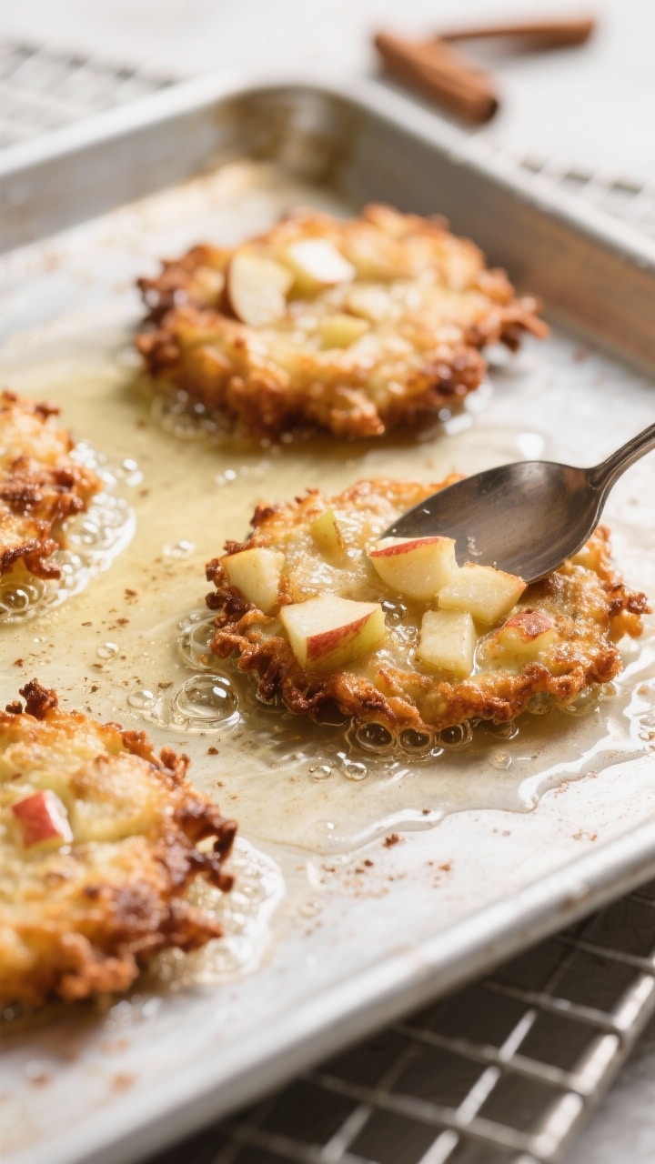 5 inches of neutral oil, three fritters mid-cook, edges turning deep golden brown with craggy, crisp