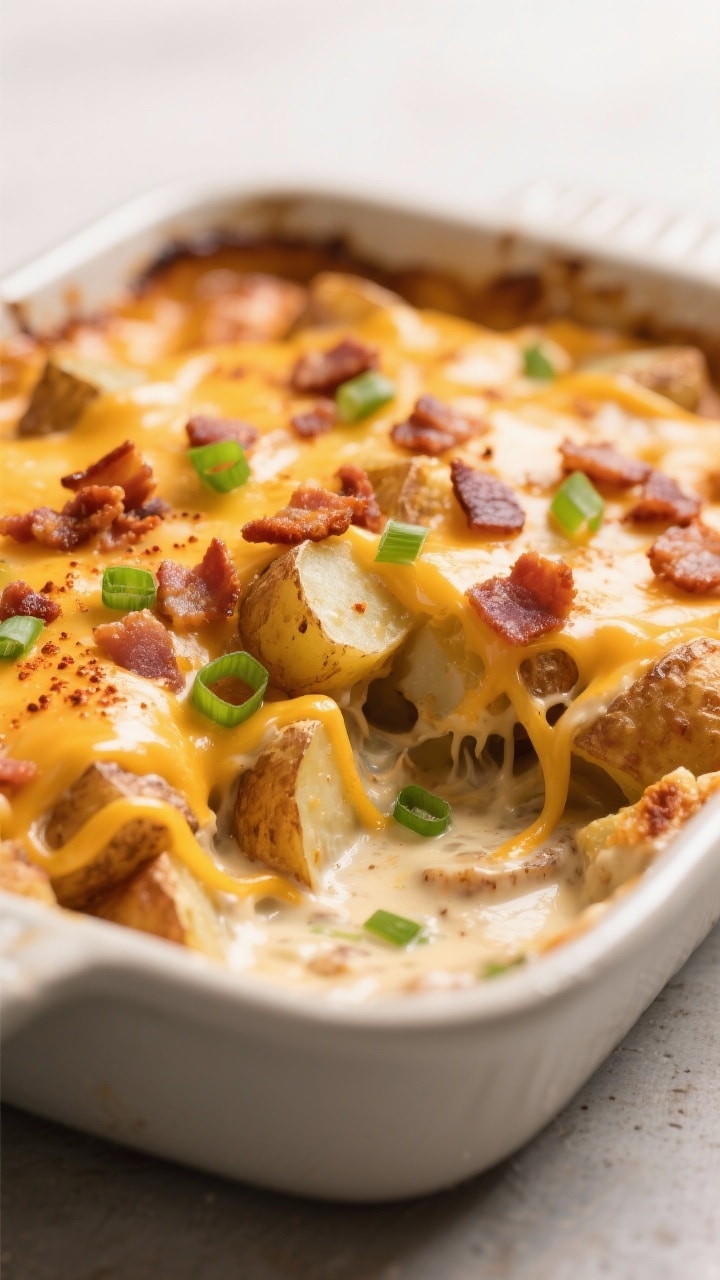Close-up detail: A bubbling casserole of Mississippi mud potatoes just out of the oven, showcasing g