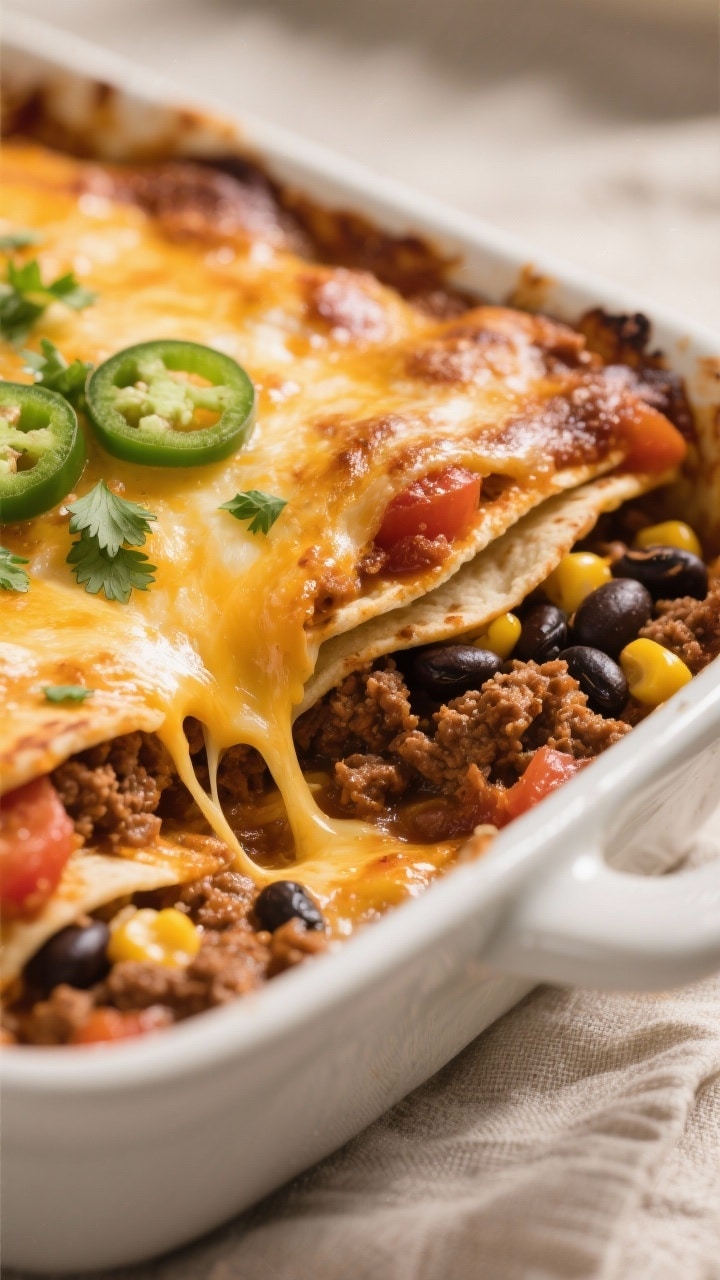 Close-up detail: A bubbling, just-out-of-the-oven Mexican casserole corner with deeply browned, melt
