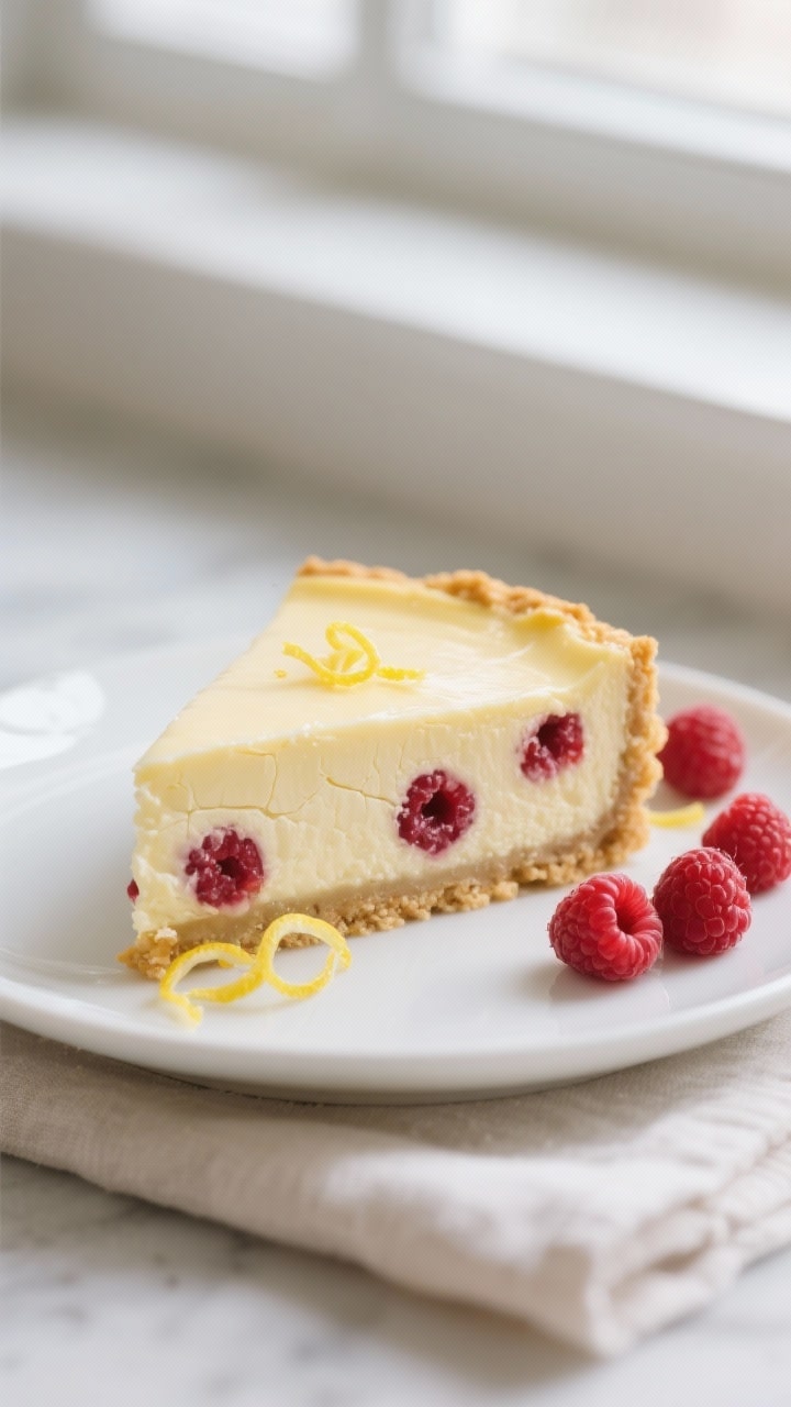 Close-up detail: A creamy slice of lemon raspberry cheesecake on a white ceramic plate, showing silk