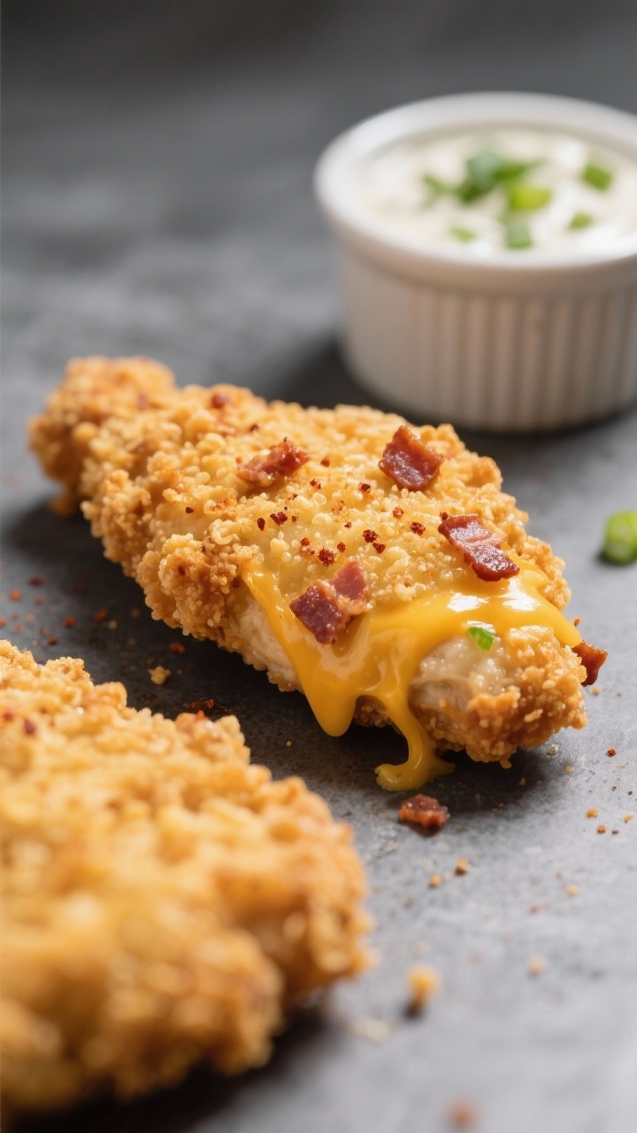Close-up detail: A crispy crack chicken tender just out of the air fryer, extreme close-up showing g