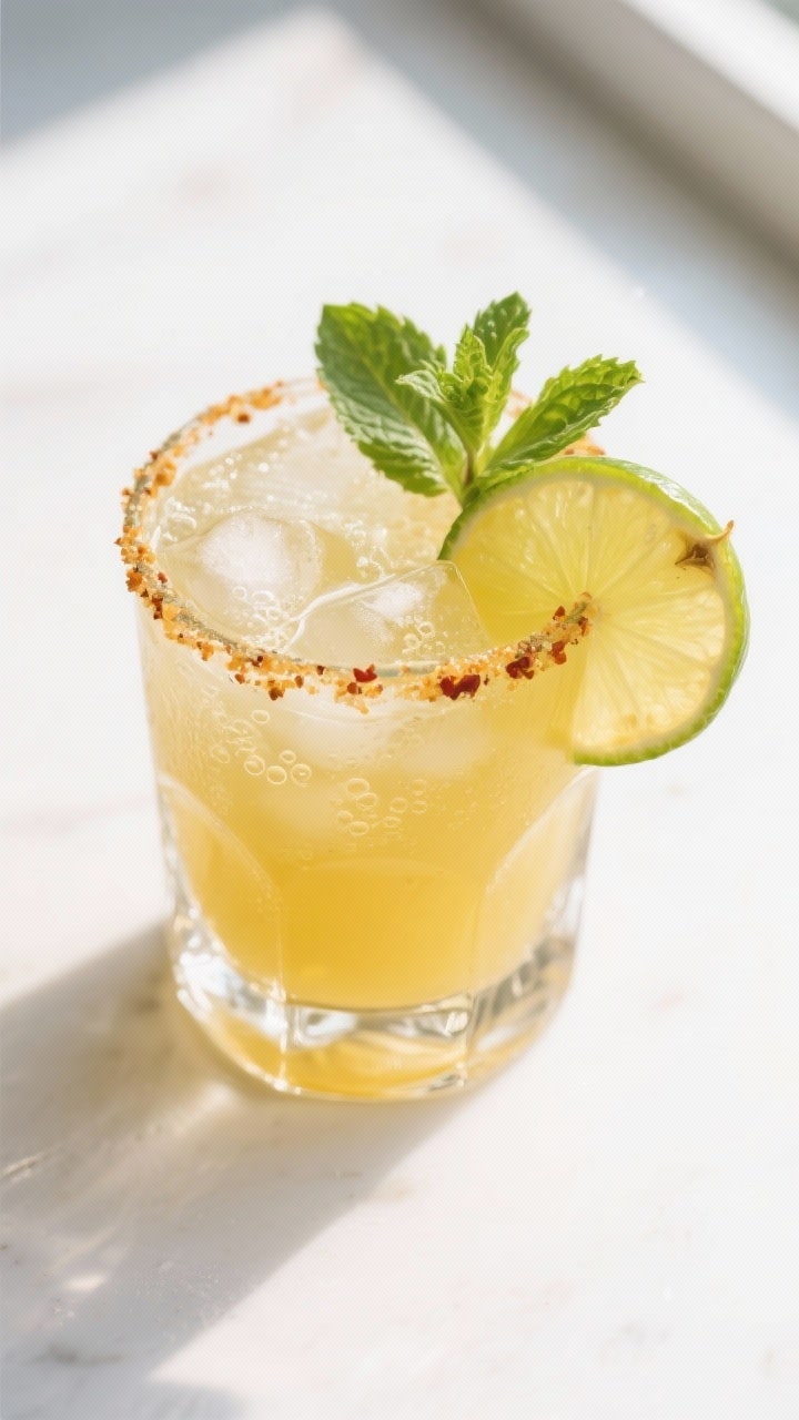Close-up detail: A crystal-clear rocks glass filled with the prepared pineapple ginger beer mocktail