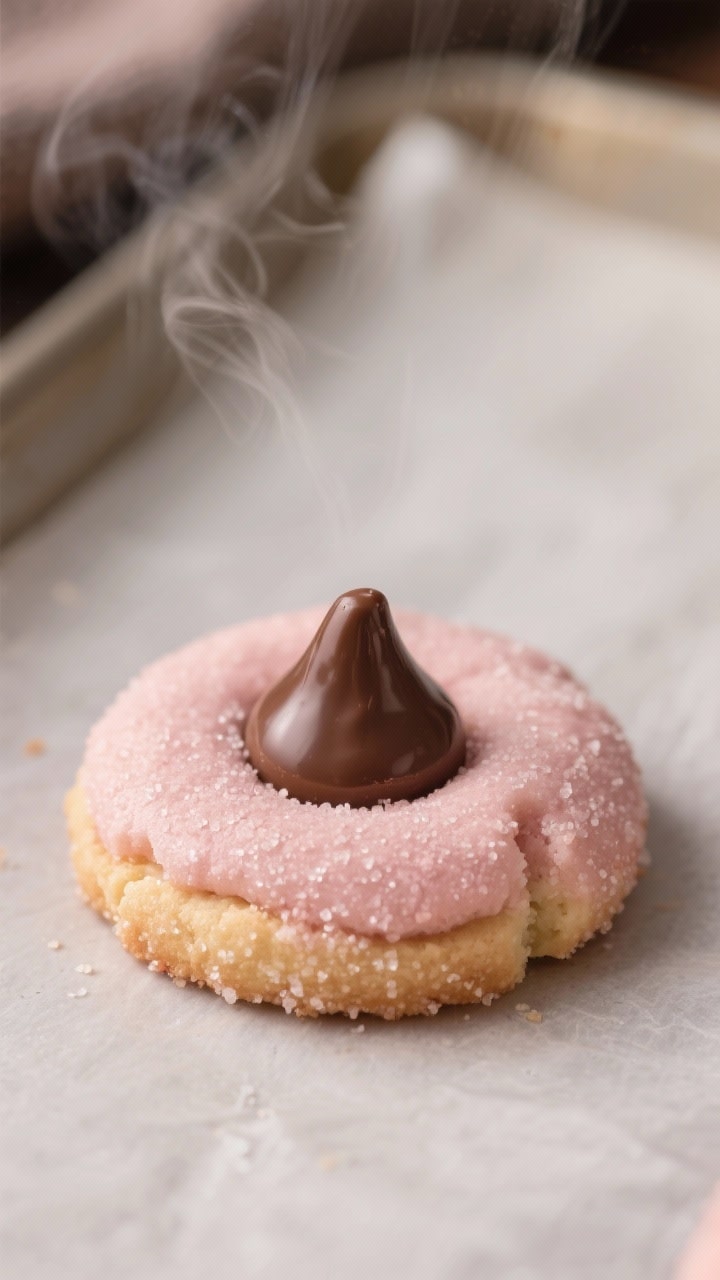 Close-up detail: A freshly baked strawberry kiss cookie just after pressing in the chocolate kiss, p