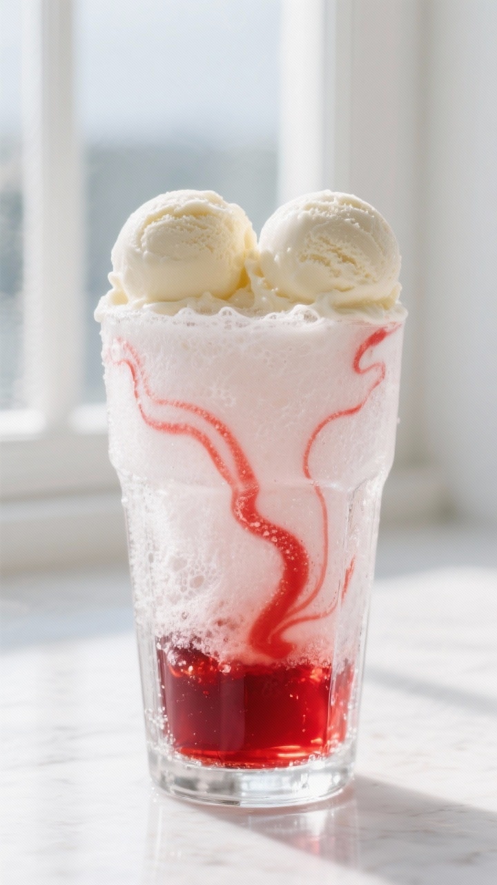 Close-up detail: A frosty tall soda glass just pulled from the freezer with a glossy pool of grenadi