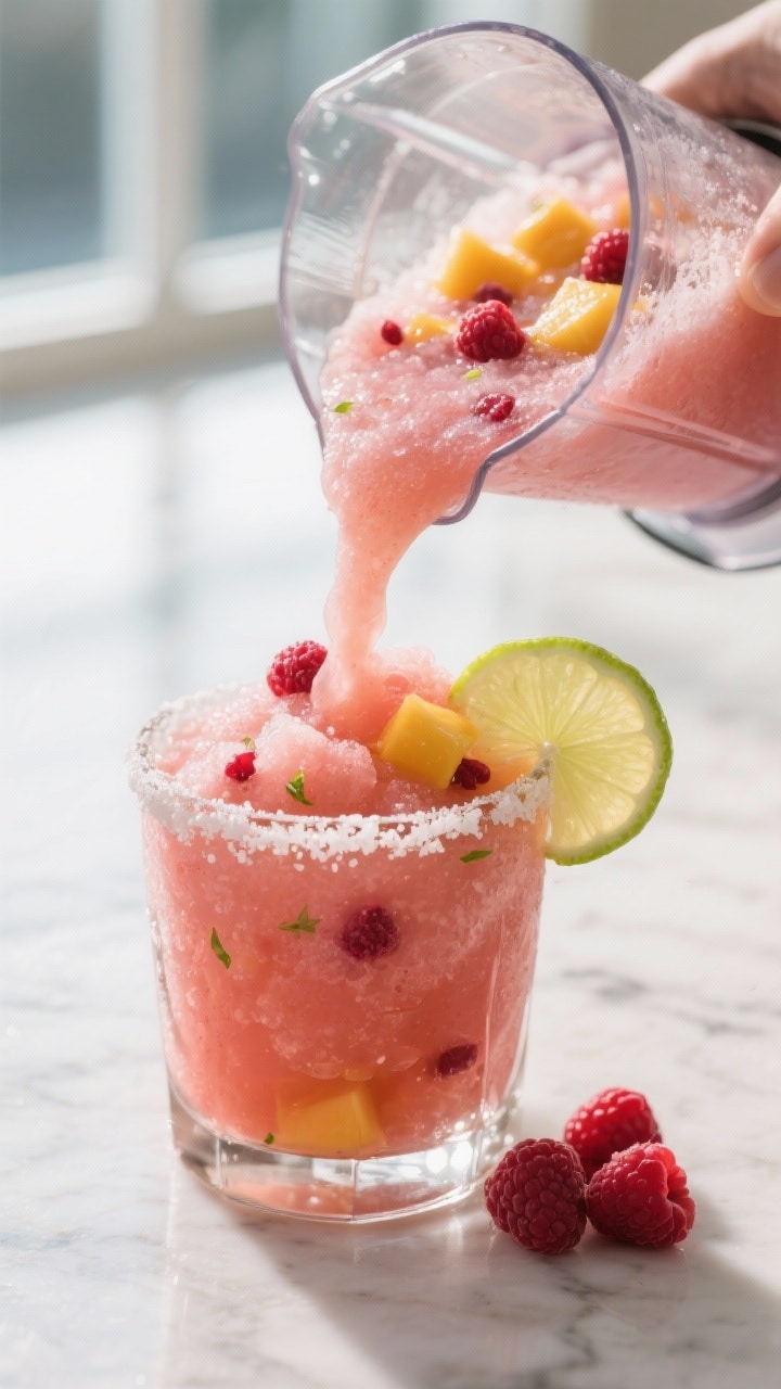 Close-up detail: A frosty virgin raspberry mango margarita slushie mid-blend being poured from a gla