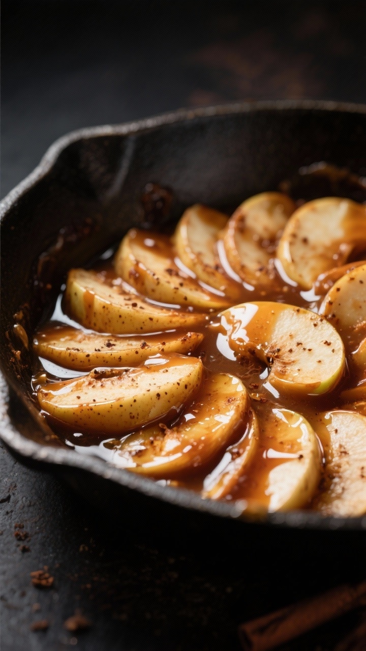 Close-up detail: A glossy layer of caramel-coated apple slices nestled in a skillet just after bakin